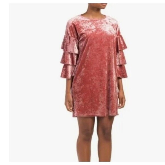 Kim And Cami USA Pink Crushed Velvet Dress Womens L Romantic Ruffle *tiny Flaw* - Picture 1 of 13